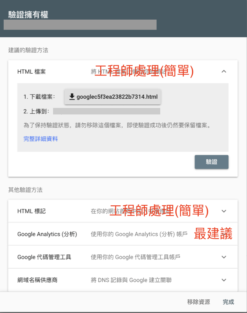 如果您已經正確安裝GA4到網站上了，可以直接用GA4驗證即可，這是最方便快速的方式。如果沒有安裝GA4，那麼可以透過工程師，使用「HTML檔案」或是「HTML標記」的方式進行驗證也可以。